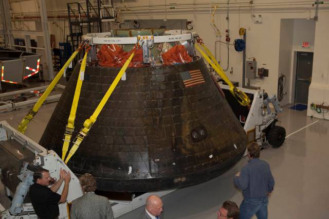 NASA's Orion spacecraft at the Launch Abort System Facility at NASA's Kennedy Space Center in Florida. Orion made the 8-day, 2,700-mile overland trip back to Kennedy from Naval Base San Diego in California. 