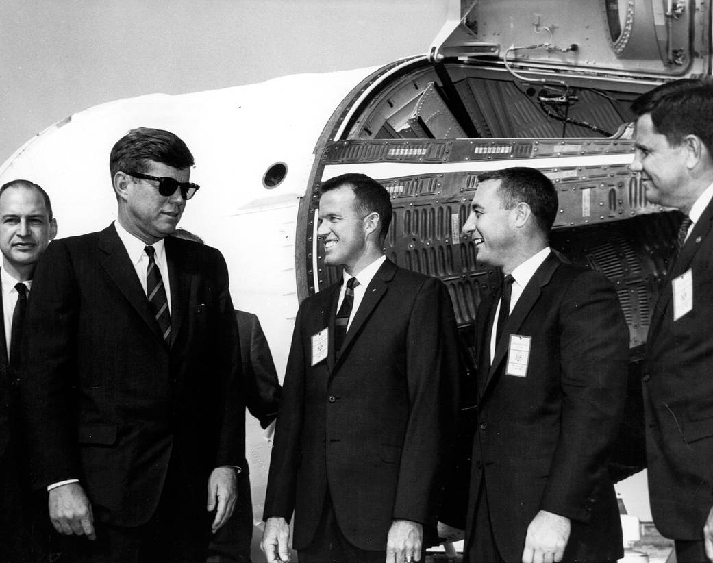 During his Nov. 16, 1963 visit to the spaceport, President John F. Kennedy speaks with George Low, NASA's chief of manned spacef