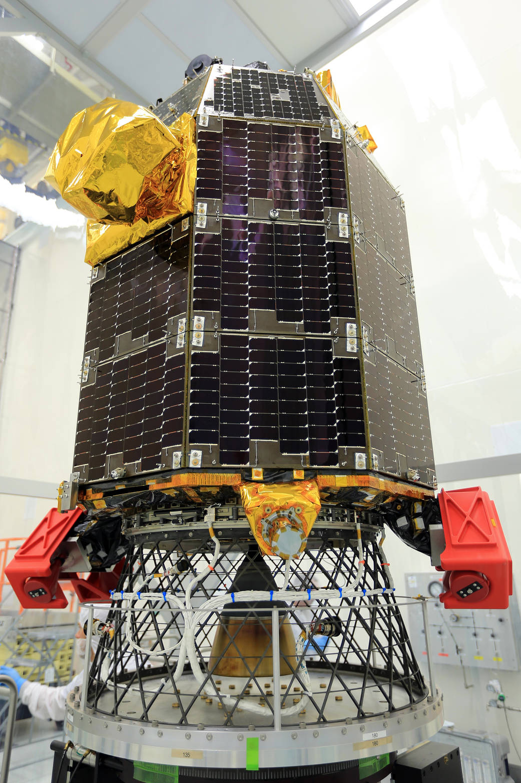 The LADEE spacecraft awaits spin balance testing, conducted to ensure stability during flight, at NASA’s Wallops Flight Facili