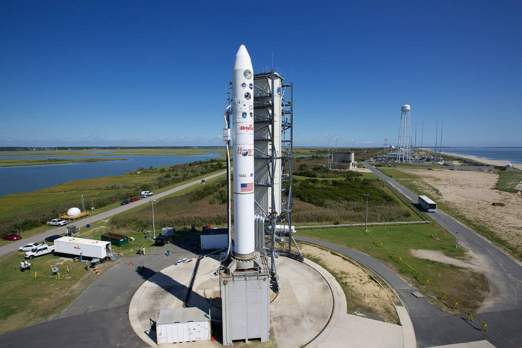 Rocket on launch pad at NASA Wallops with blue sky above