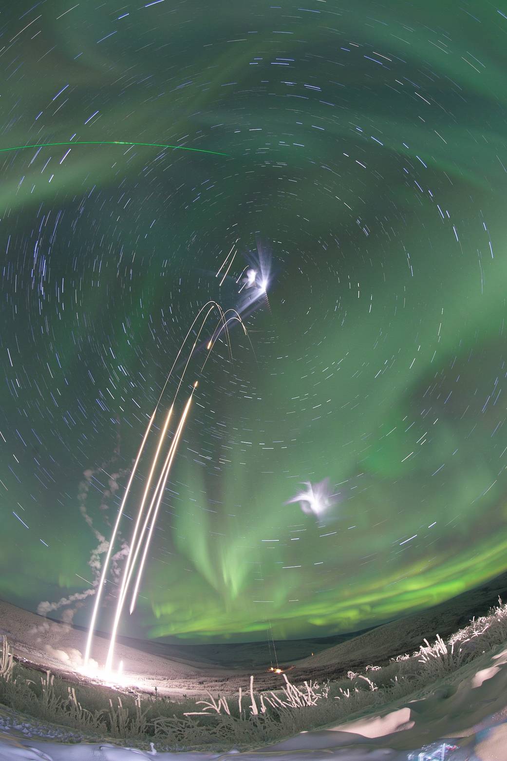 A composite shot of all four rockets for the M-TeX and MIST experiments is made up of 30 second exposures.