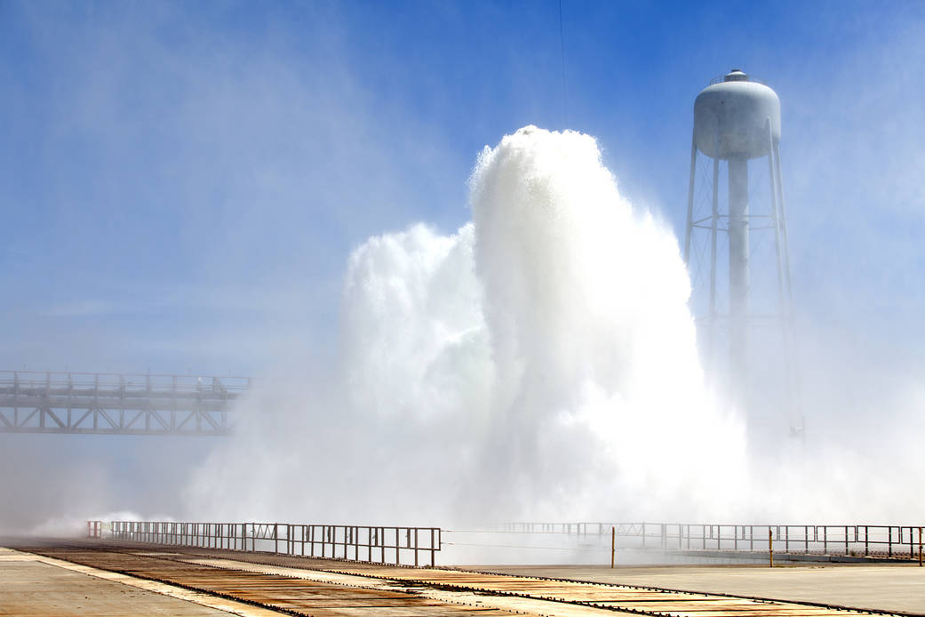 A water deluge test was completed May 24, 2018 at Launch Pad 39B at NASA's Kennedy Space Center in Florida.