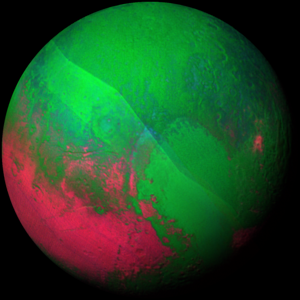 Pluto gets into the holiday spirit, decked out in red and green using a pair of Ralph/LEISA instrument scans