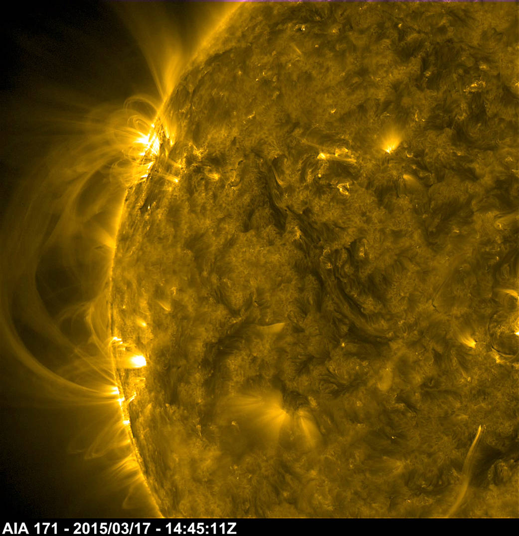 A group of active regions rotated into view producing a bright tangle of looping arches above them (Apr. 11-15, 2015).