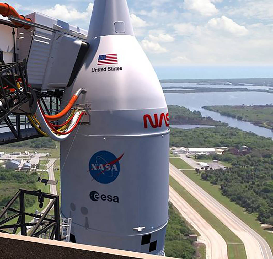 Illustration of SLS rocket and Orion spacecraft on the mobile launcher for Artemis I.
