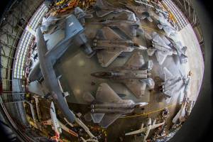 F-22s in NASA Langley's hangar.