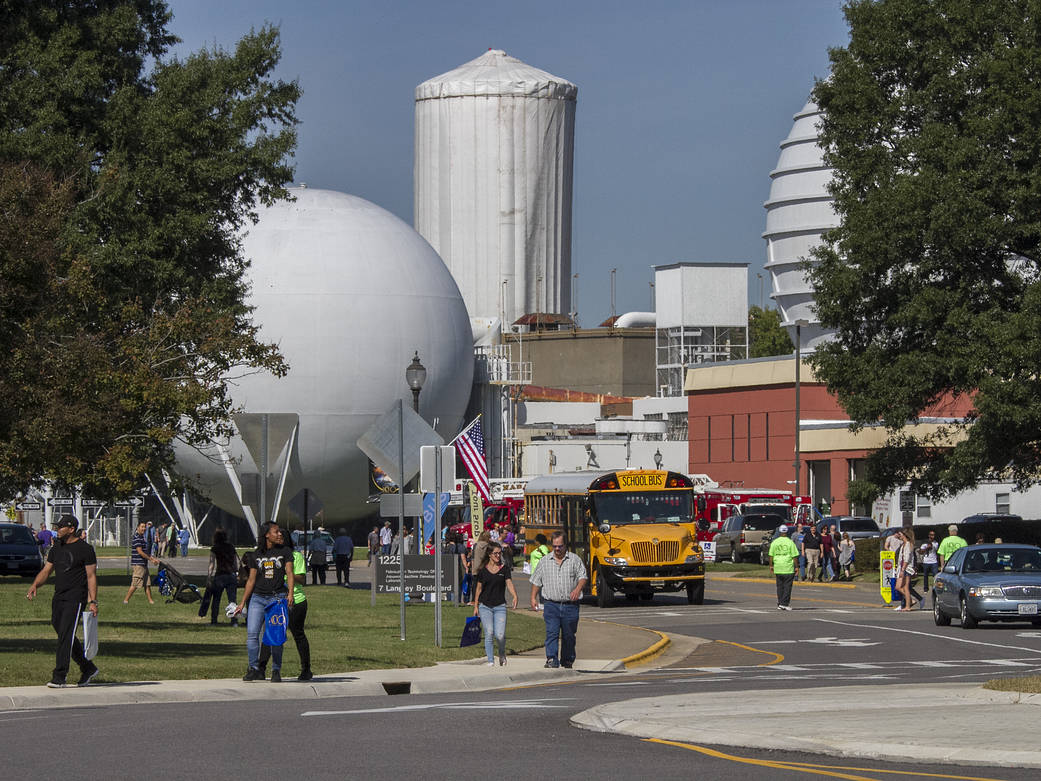 Visitors walk on and around Lindbergh Way during NASA Langley's Centennial Open House.