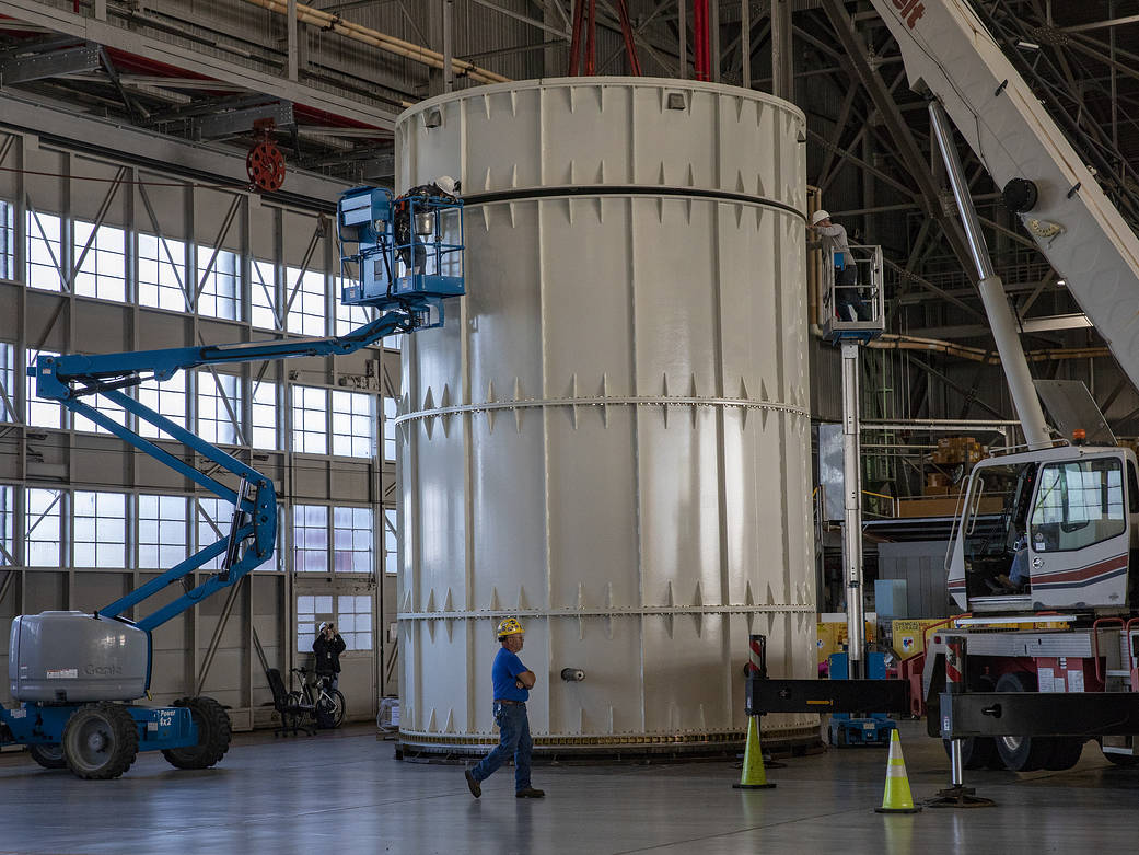 The Mass Simulator for Orion was built and is undergoing structural testing to serve as a stand-in for the Orion spacecraft.