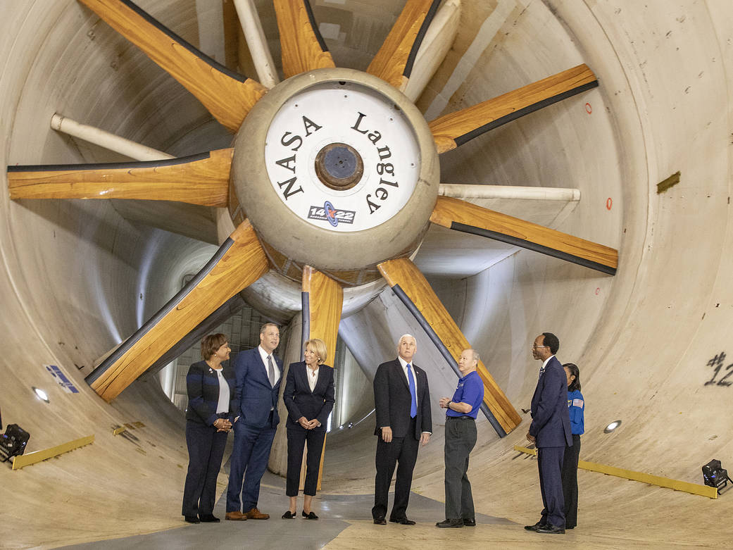 ASA Administrator Jim Bridenstine (second from left), Vice President Mike Pence and others visit a NASA wind tunnel.