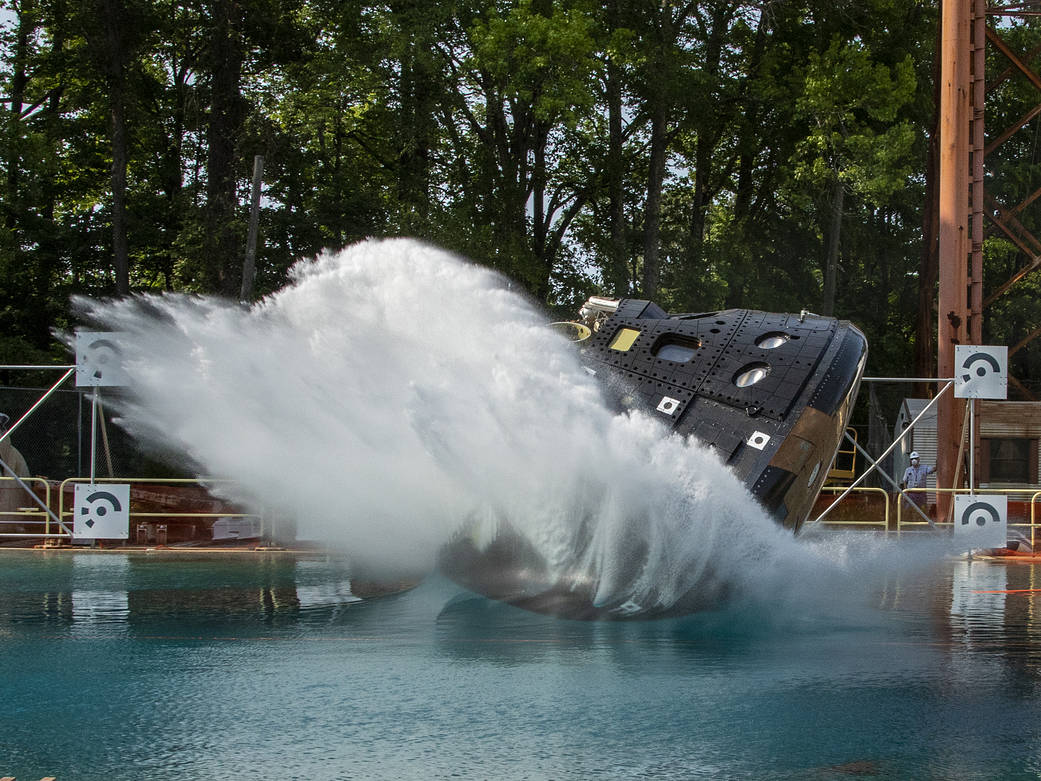 Orion Structural Test Article lands in the hydro impact basin at NASA's Langley Research Center