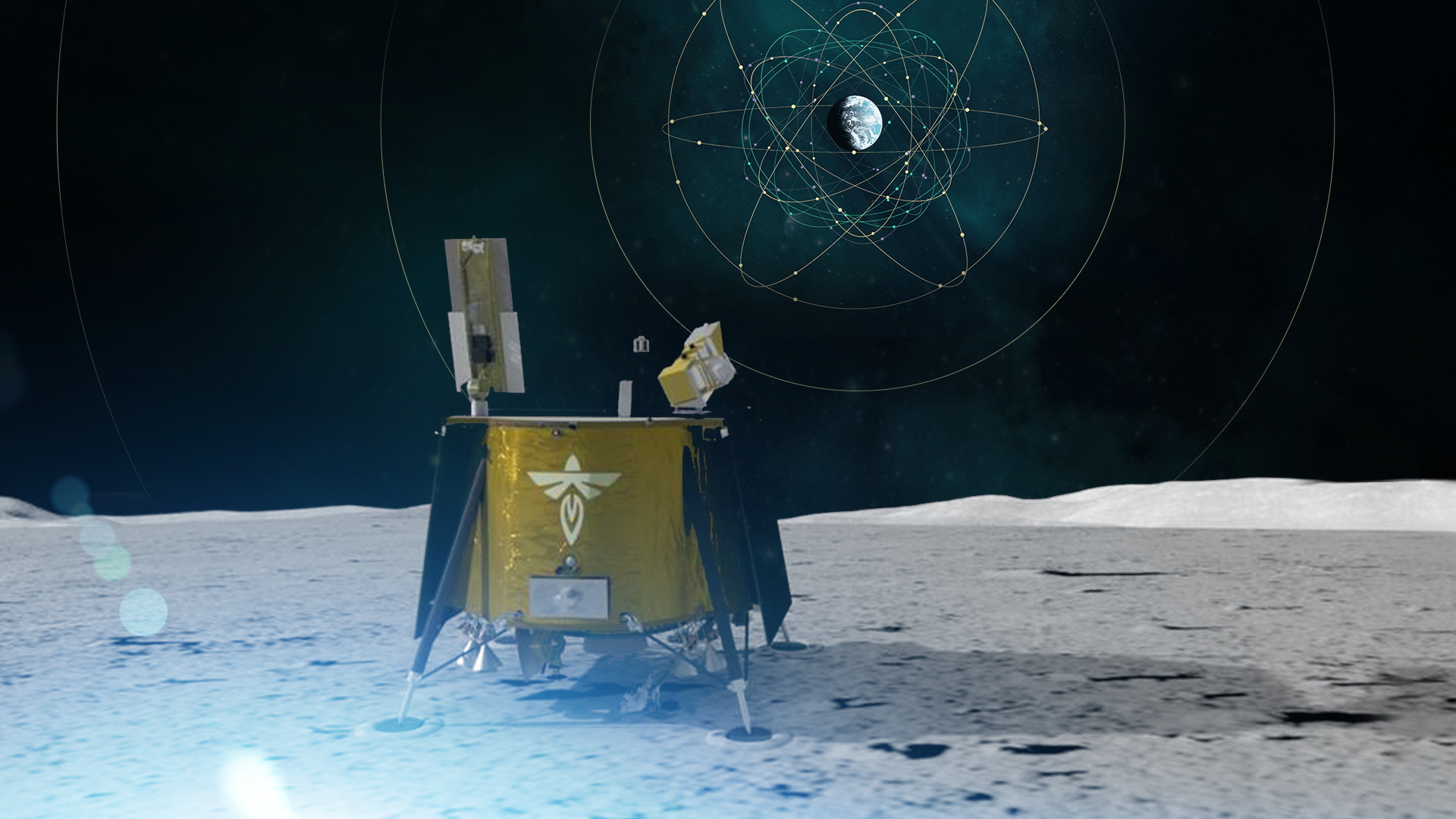 Illustration of Blue Ghost CLPS lander on the Moon with LuGRE onboard receiving and processing GNSS signals.
