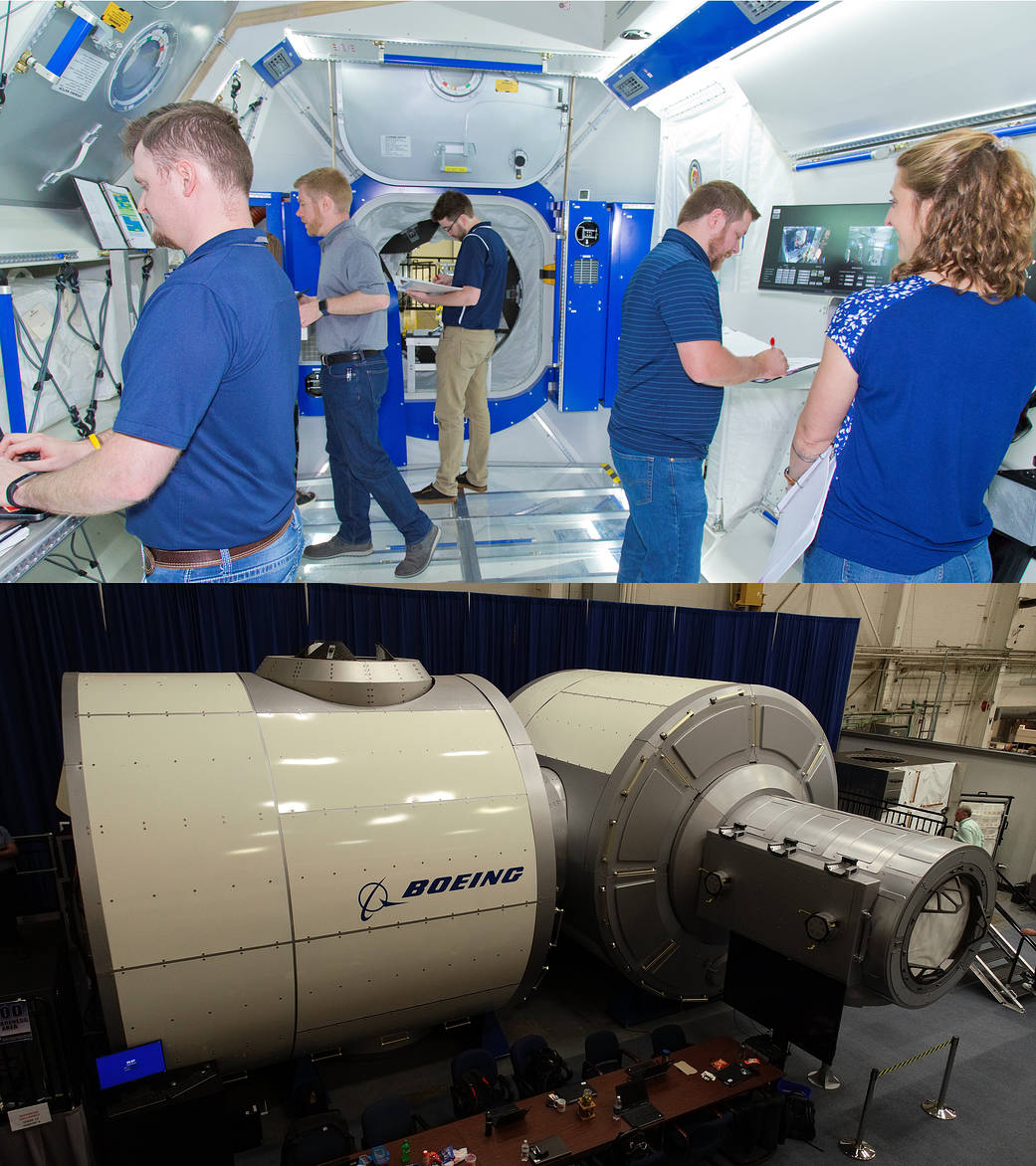 Engineers and technicians explore a deep space habitat ground prototype May 1 at NASA’s Marshall Space Flight Center.