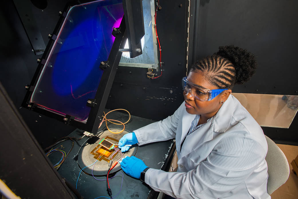 Lyndsey McMillon-Brown at NASA's Glenn Research Center is developing a new type of solar cell that uses innovative materials and offer many advantages over the current state-of-the-art-technology. 
