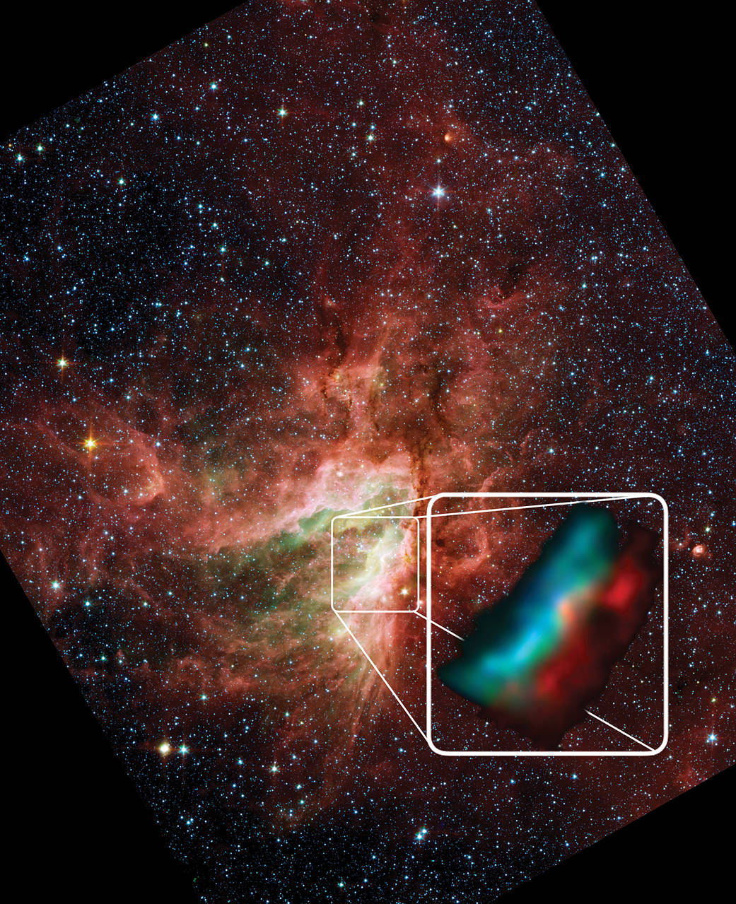 Image of the Omega nebula with SOFIA data tracing gas within it. The blue and green are ionized gas and the red is atomic gas.