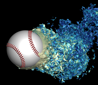 Baseball with blue texture behind it showing  aerodynamics