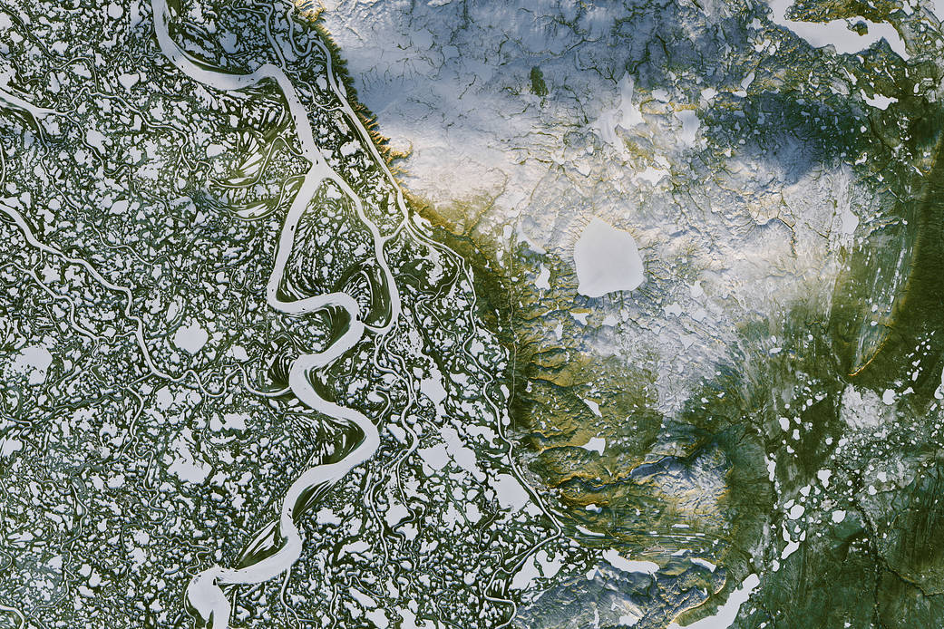 Satellite view of frozen river system in Canada