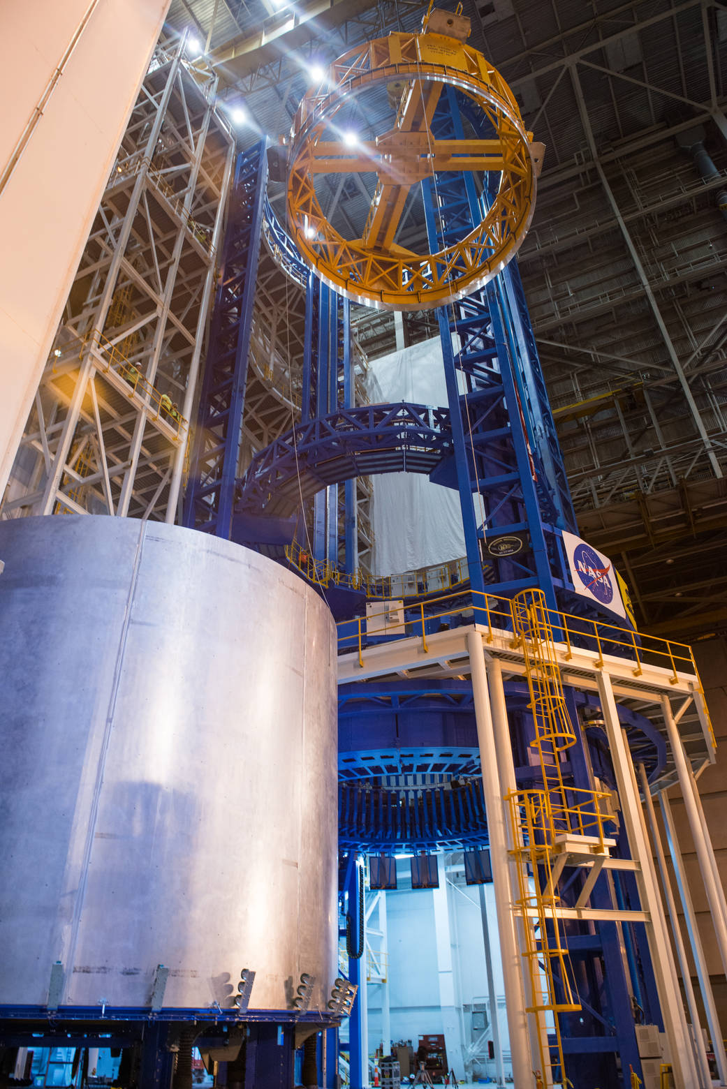 A ring and barrel recently loaded onto the Vertical Assembly Center at NASA’s Michoud Assembly Facility in New Orleans.