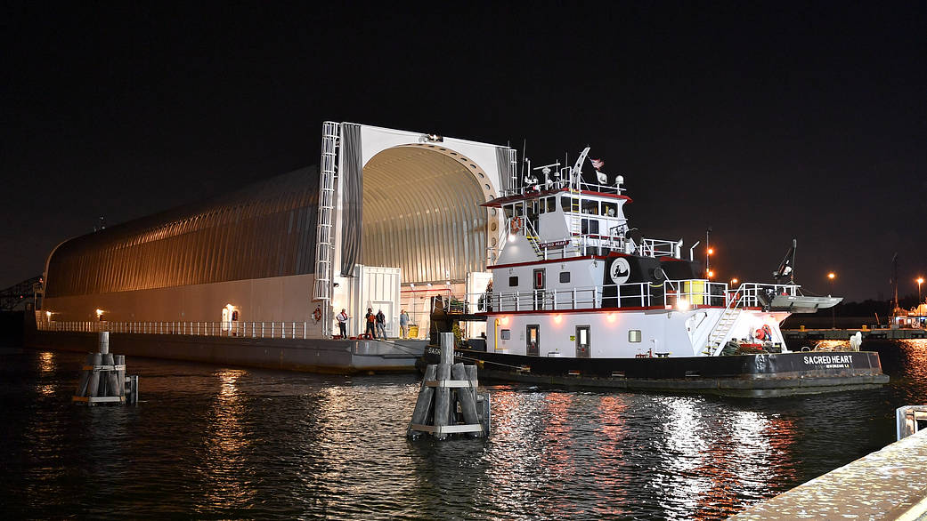 Pegasus barge departing NASA’s Stennis Space Center in Bay St. Louis, Mississippi