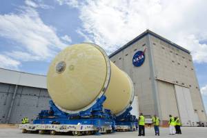 Liquid Oxygen Tank for Space Launch System Rocket on Transporter