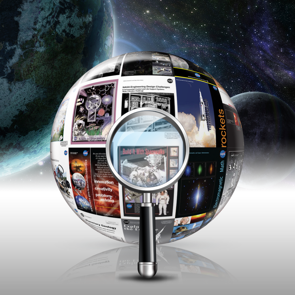 Magnifying glass with a sphere representing the globe with a montage of resources