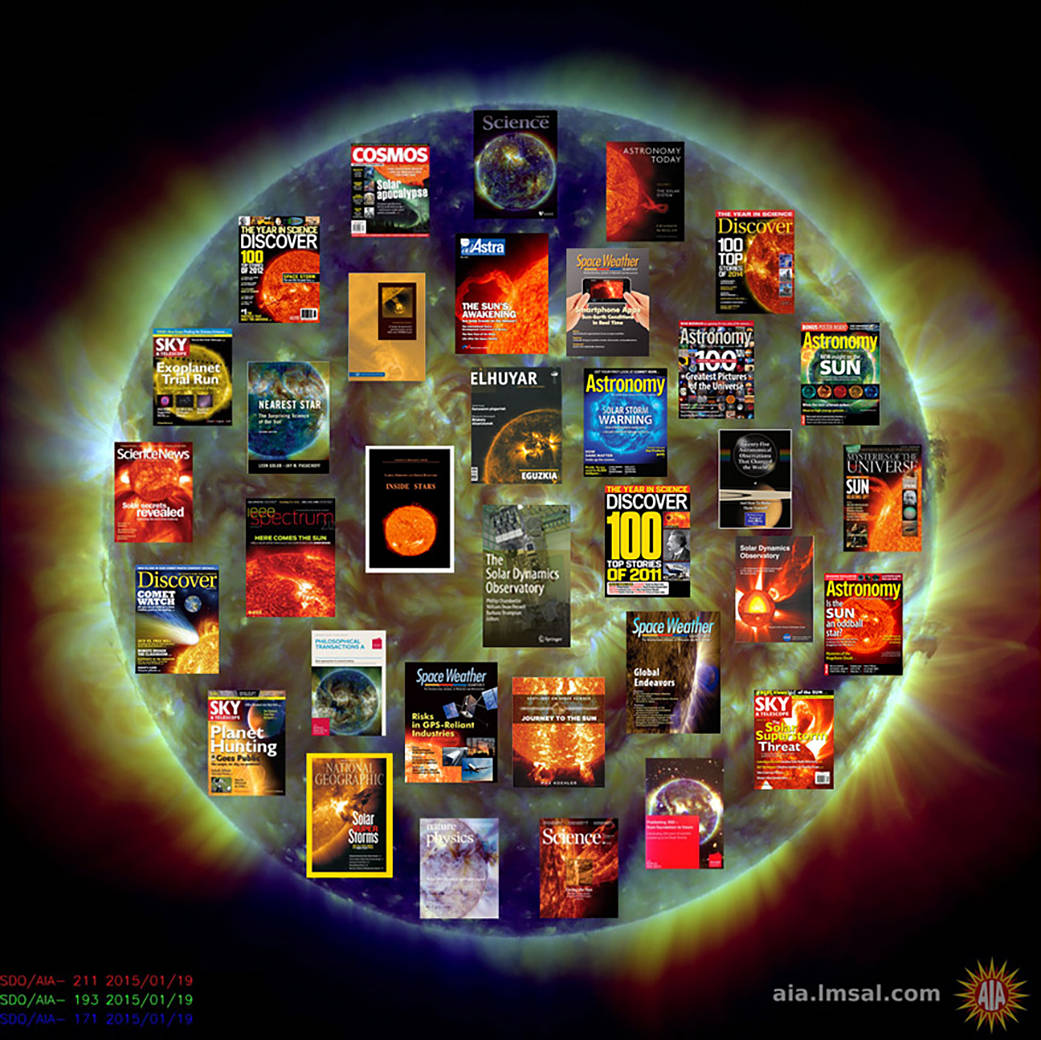 Magazine covers featuring SDO news/images superimposed on an SDO image.