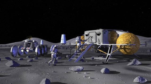 Graphic of a lunar outpost with an astronaut climbing into a lunar habitat outpost