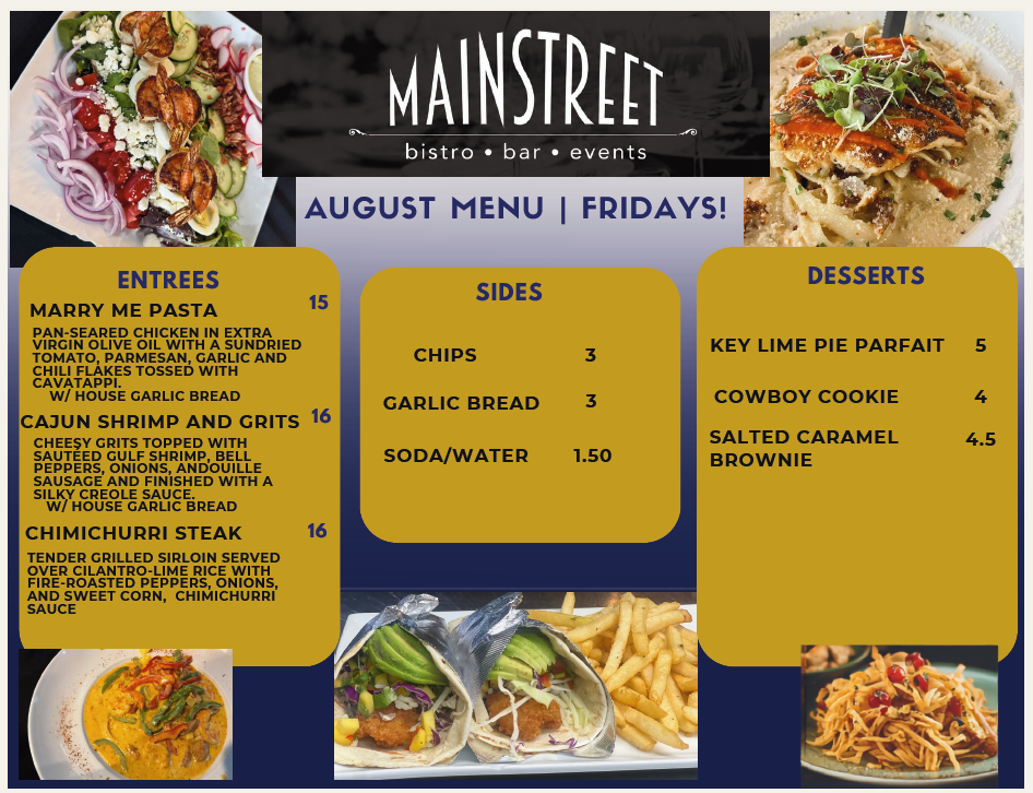 Menu for Main Street Bistro, a new food vendor at JSC B3 on Fridays.