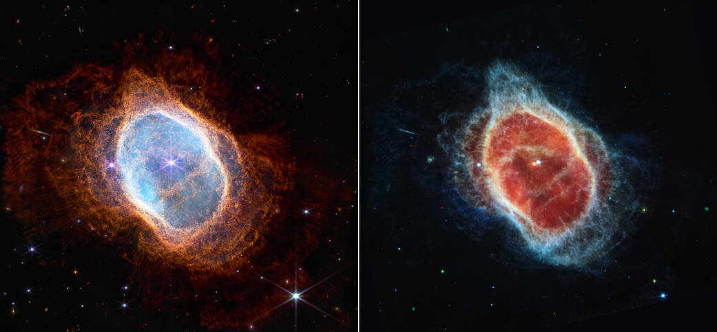 side-by-side views of Southern Ring planetary nebula as seen by Webb telescope (NIRCam, left; MIRI, right) against black backdrop of space; a bright star appears at center in both images, surrounded by an undulating ring of gas