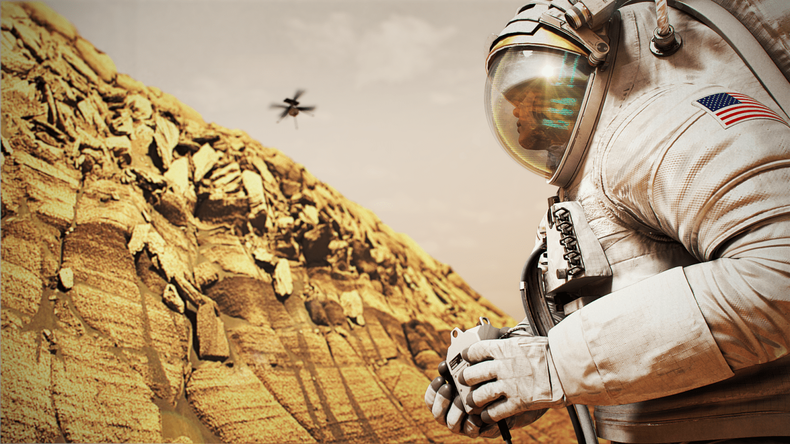 Illustration of an astronaut on Mars, using a remote control drone to inspect a nearby cliff. The camera view is looking up at the astronaut, with the drone far above in the distance.