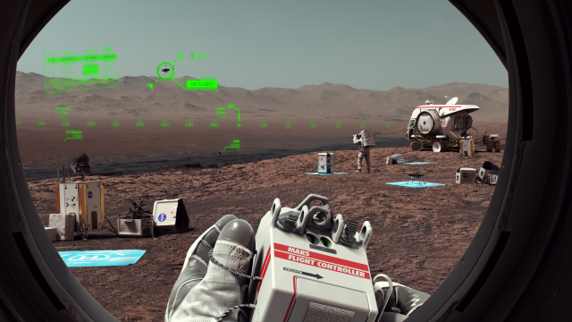 Illustration from an astronaut's point of view, looking through their helmet visor on Mars. There is a remote control in their hand, and the heads-up display in the visor labels the drone and Mars Ascent Vehicle in the distance.