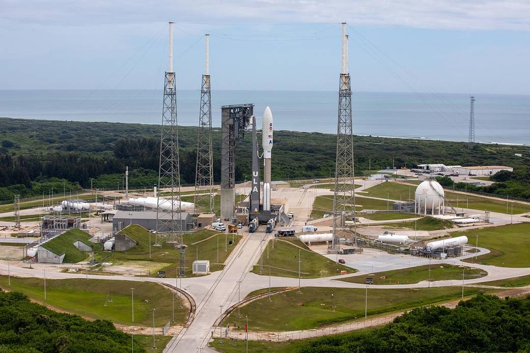 The Atlas V rocket arrives at the launch pad at Space Launch Complex 41 with NASA's Mars Perseverance rover on July 28, 2020.