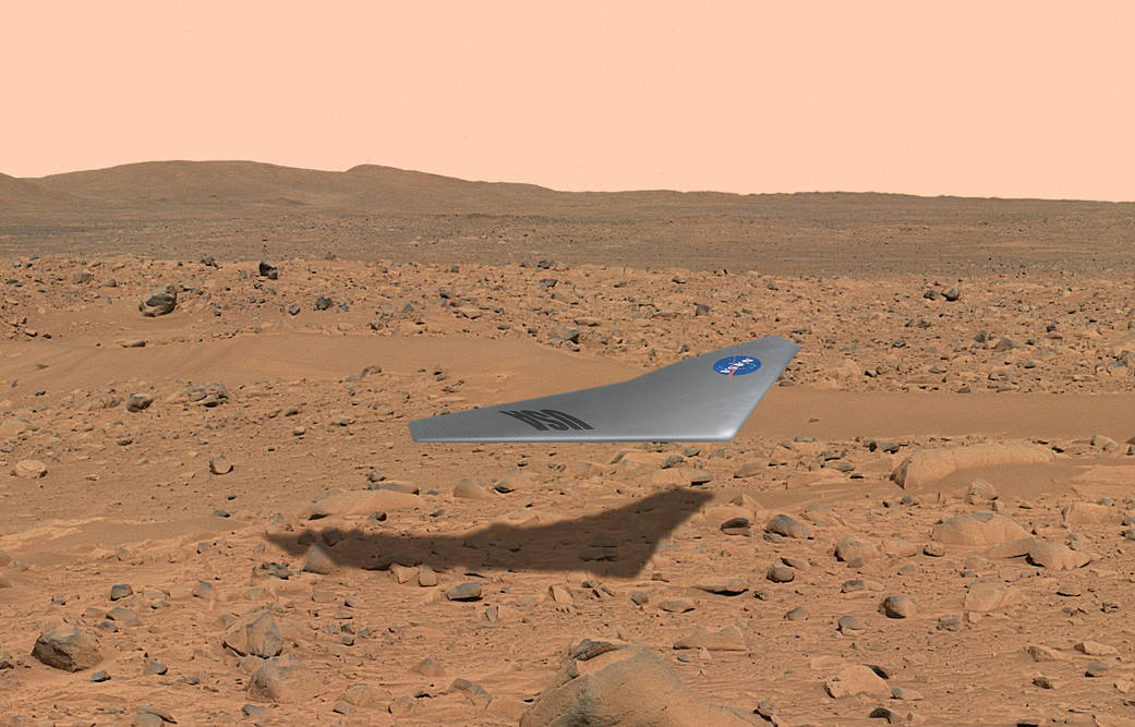 NASA Illustration of Prandtl-M wing flying over surface of Mars