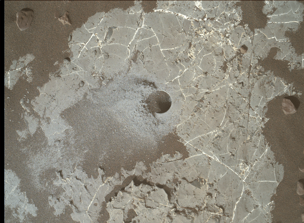 This image shows the Highfield drill hole made by NASA’s Curiosity rover as it was collecting a sample on Vera Rubin Ridge in Gale crater on Mars. Drill powder from this hole was enriched in carbon 12.