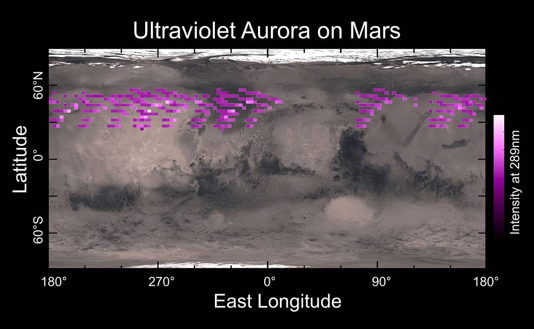 A map of MAVEN's IUVS auroral detections in Dec. 2014 overlaid on Mars’ surface map.