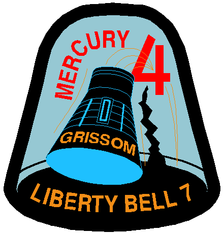 Mercury 4 Liberty Bell Mission Patch showing a landing crew vehicle with the last name of Grissom (crew member) on the vehicle