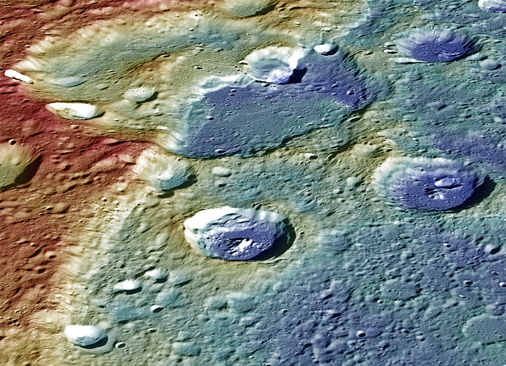 This image provides a perspective view of the center portion of Carnegie Rupes, a large tectonic landform, which cuts through Du