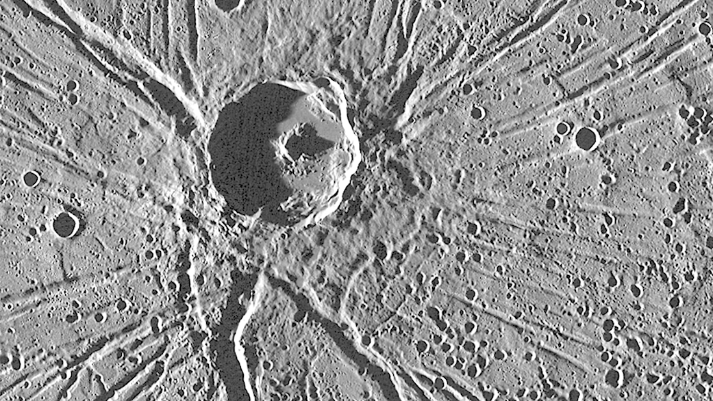 Mercury's crater Apollodorus surrounded by the radiating troughs of Pantheon Fossae
