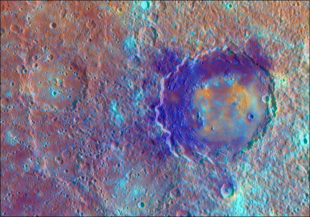 In this enhanced color view of the peak-ring basin Derain, the different colors accentuate the different rocks associated with t