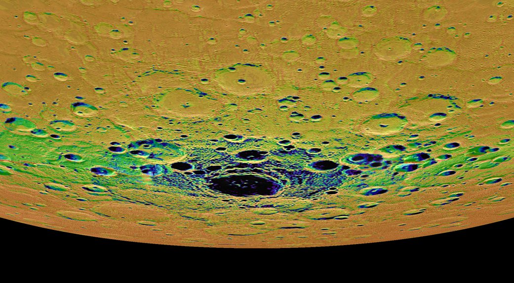 an orthographic projection of Mercury's south polar region, colored by an illumination map