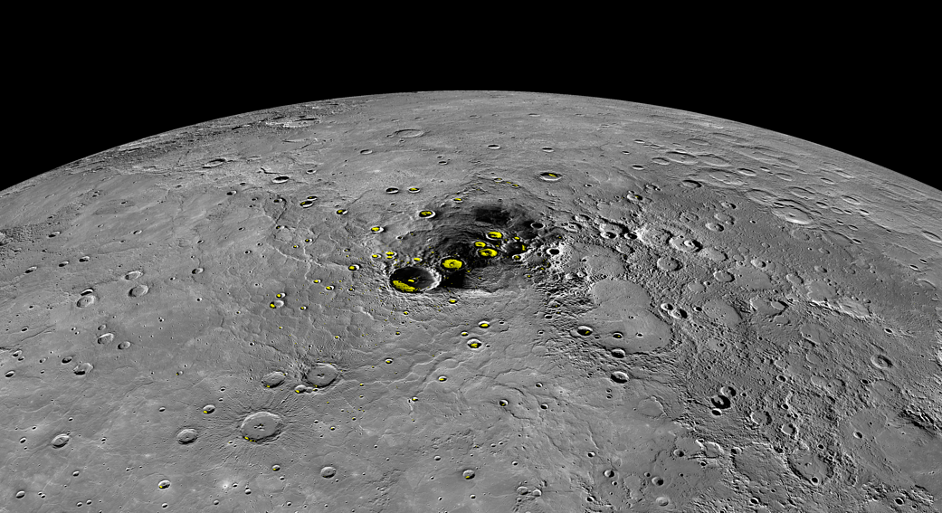 orthographic projection view provides a look at Mercury's north polar region