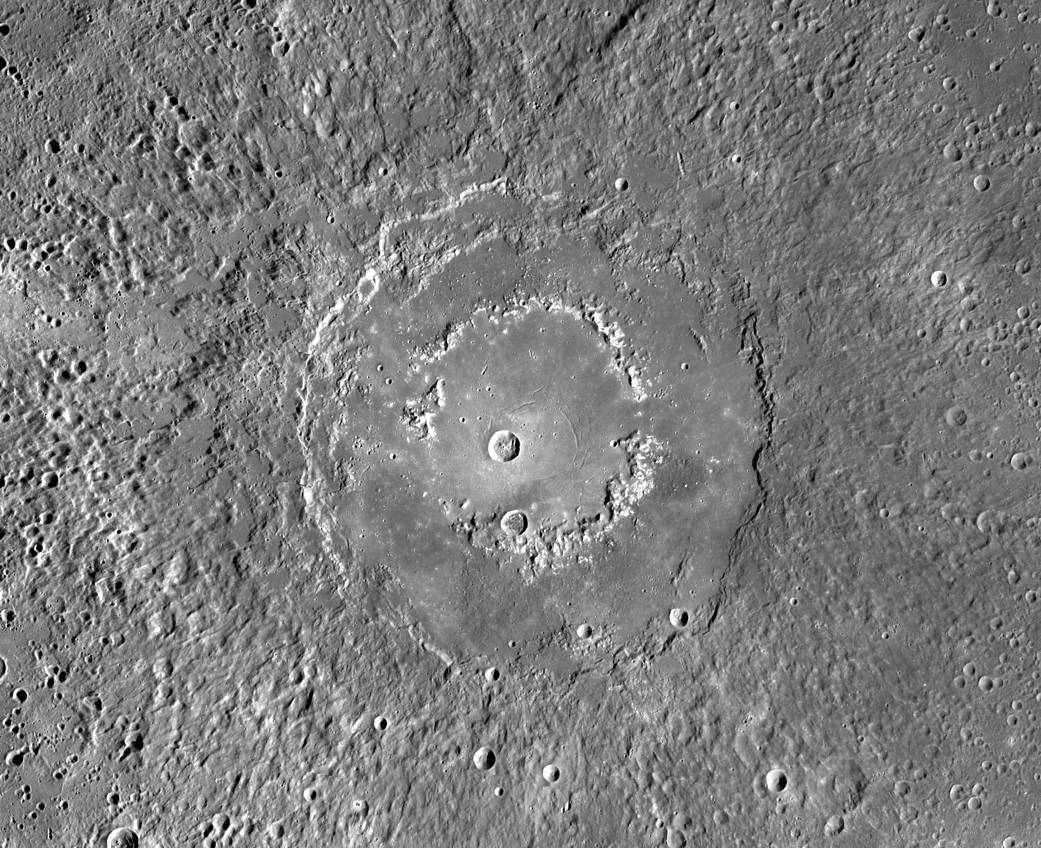 MDIS mosaic provides a detailed view of the features and structures associated with the peak-ring basin Raditladi. Raditladi