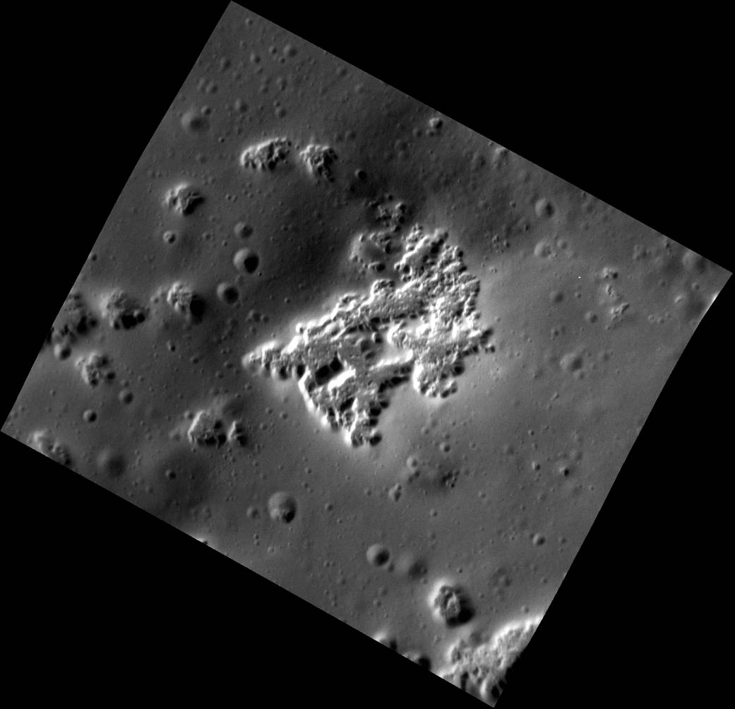 This high-resolution view shows hollows on the southwestern peak ring of the Scarlatti basin