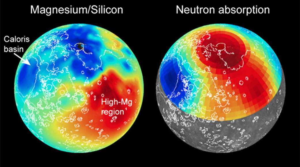 Maps of magnesium/silicon (left) and thermal neutron absorption (right) across Mercury’s surface