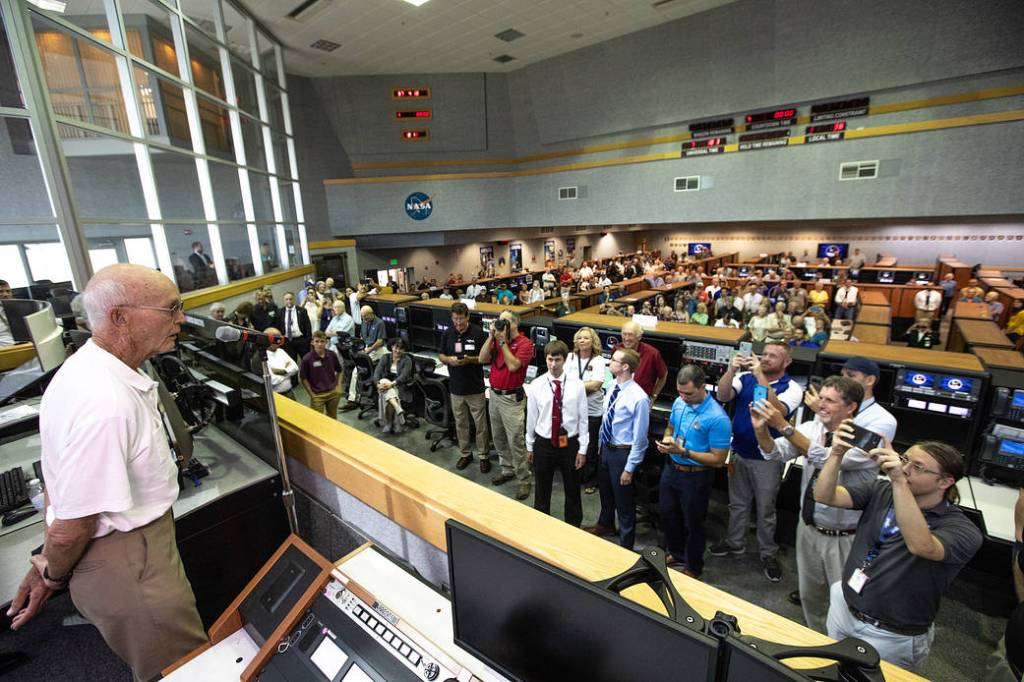 Apollo 11 Astronaut Michael Collins Talks to Apollo 11 and Artemis 1 Launch Teams