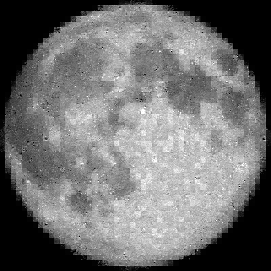 A photomosaic of the Moon. The Moon is shown in varying shades of gray, and it looks as though it is made of separate tiles. Each tile is an individual image; these tiles were stitched together to make up the image.