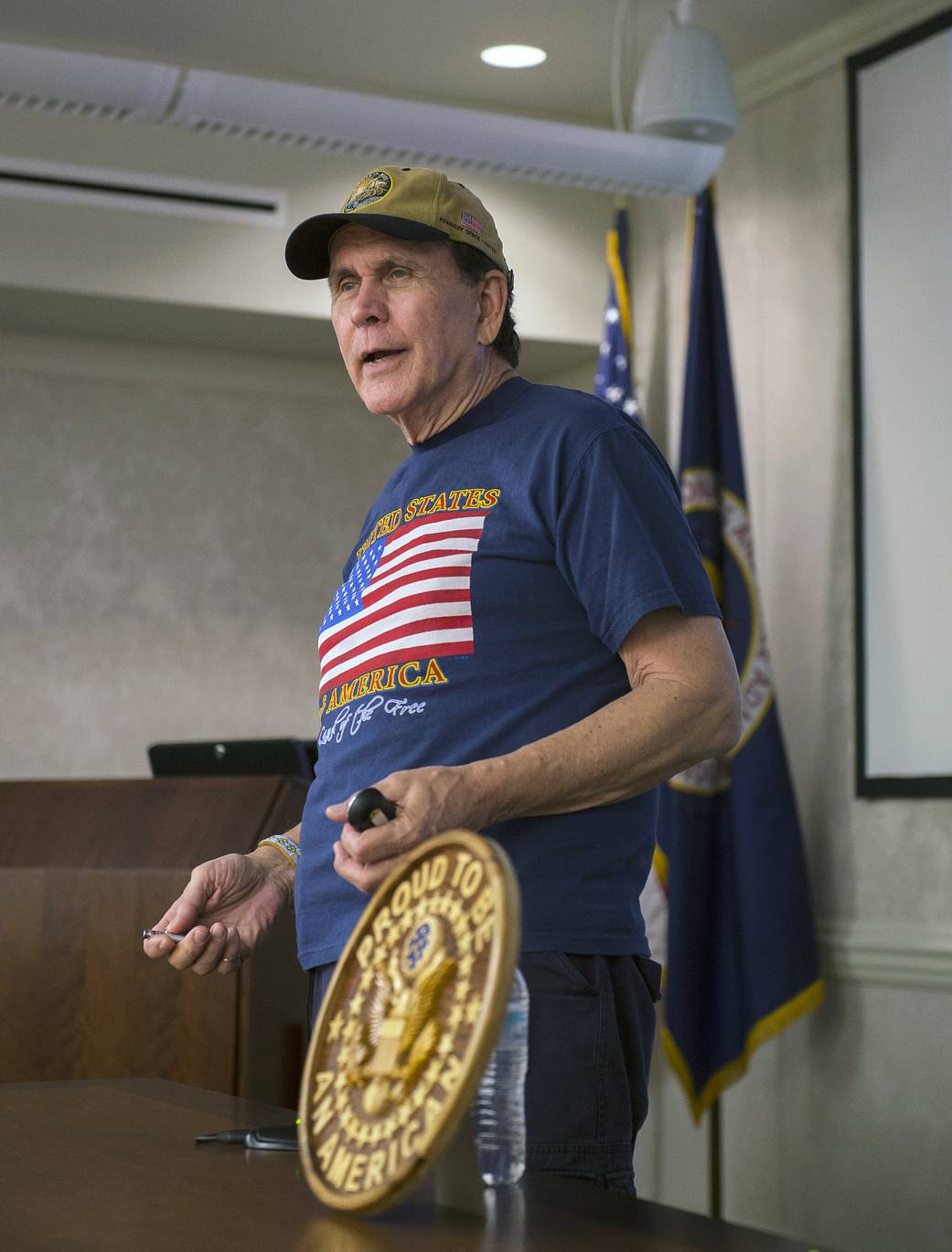 Jerry Elliott, a former NASA physicist and one of the first Native Americans hired at NASA's Johnson Space Center, speaks during Native American Heritage Month event at NASA's Marshall Space Flight Center.