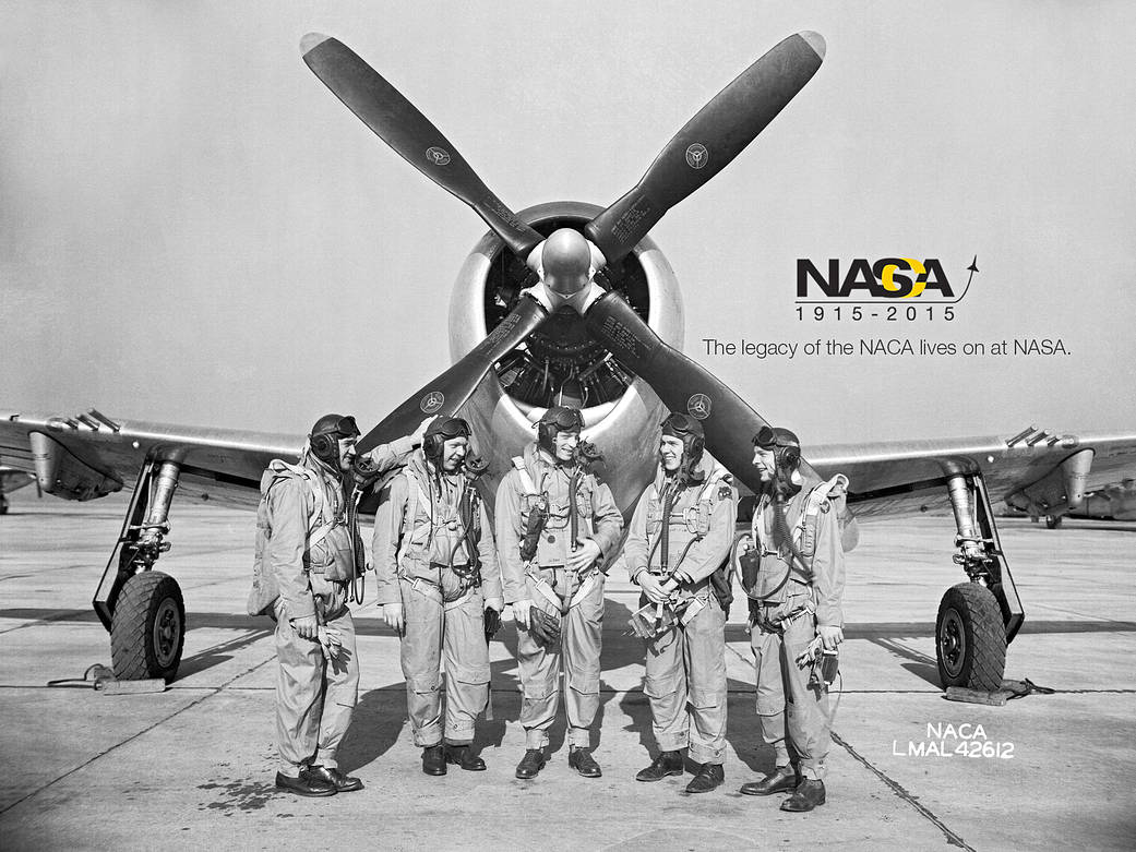 NACA test pilots (from left) Mel Gough, Herb Hoover, Jack Reeder, Steve Cavallo and Bill Gray stand in front of a P-47.