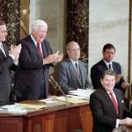 President Ronald Reagan with George Bush and Thomas "Tip" O'Neil applauding during the State of The Union Address to Congress and The Nation.