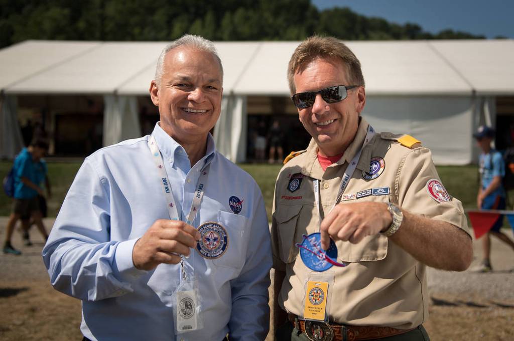 NASA Acting Chief Technologist Douglas Terrier, left, and Chief Scout Executive of the Boy Scouts of America Michael Surbaugh Exchange Patches During the Boy Scouts of America National Jamboree