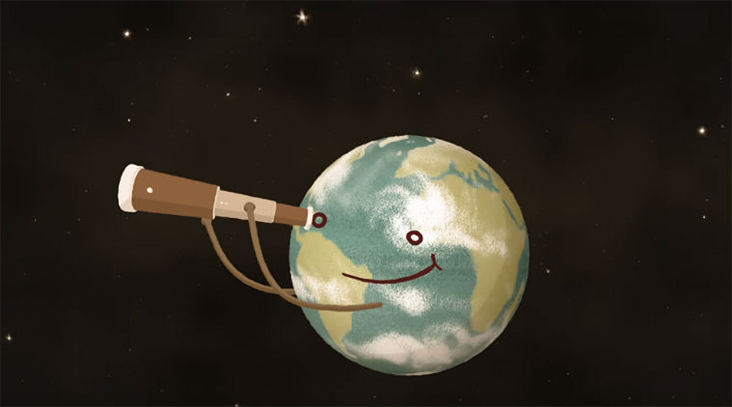 Artist rendition of an Earth cartoon character looking through a handheld telescope